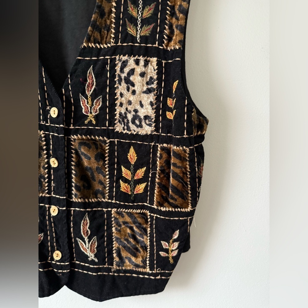 VTG Tantrum Funky Black Brown Patterned Vest Retro Cheetah Leopard Print S M - Picture 4 of 7